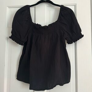 J.Crew square neck puff-sleeve soft-crinkle gauze top - black. Medium.